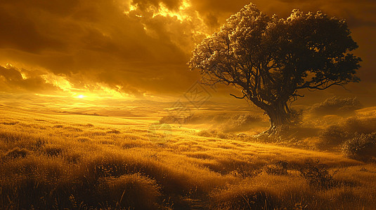 暖色调厚厚的草地上一棵大树背景图片