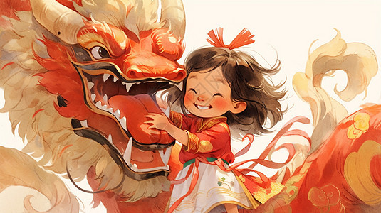 春节与红色龙一起玩耍的可爱卡通小女孩背景图片