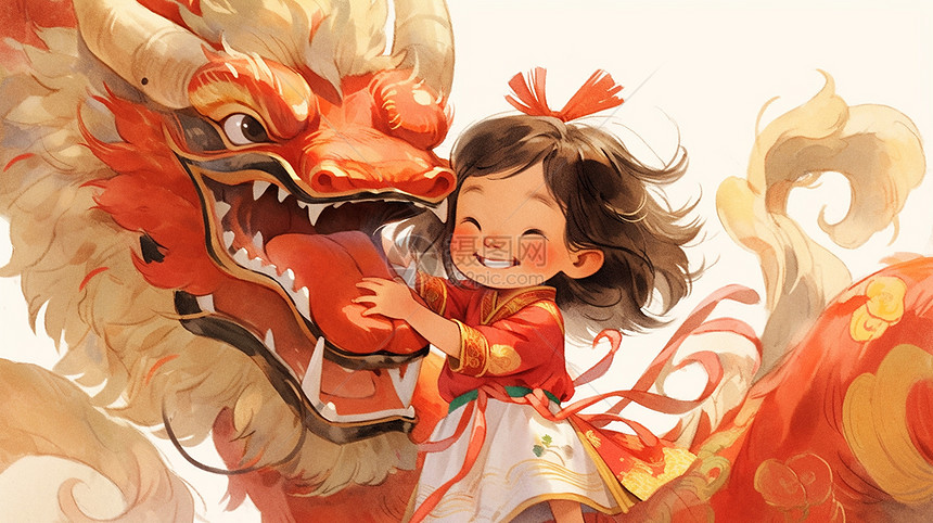 春节与红色龙一起玩耍的可爱卡通小女孩图片