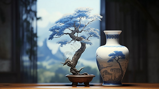 古松盆栽与古风青花瓷花瓶图片