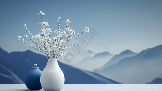 白色插花花瓶与蓝色小罐子图片