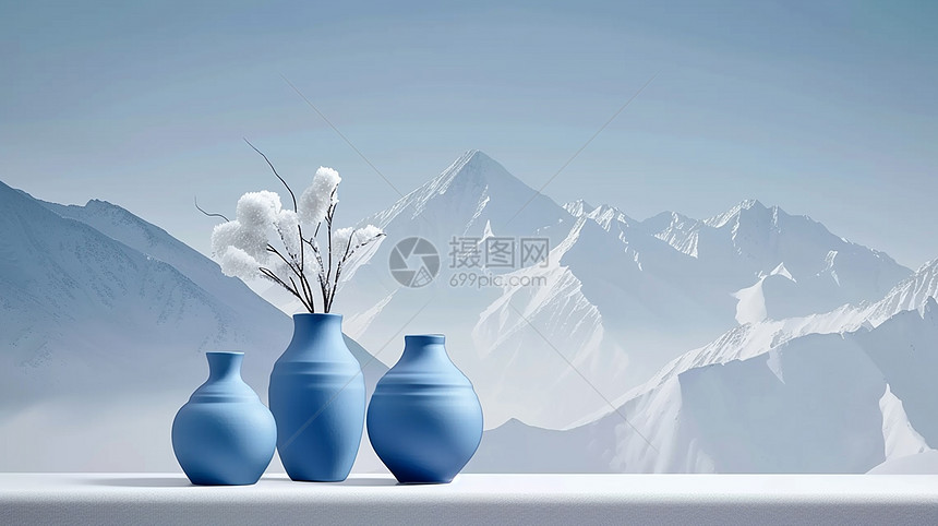 优雅大气的古风蓝色小花瓶与雪山图片