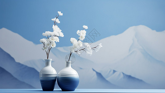 优雅复古花瓶与远处的雪山背景图片