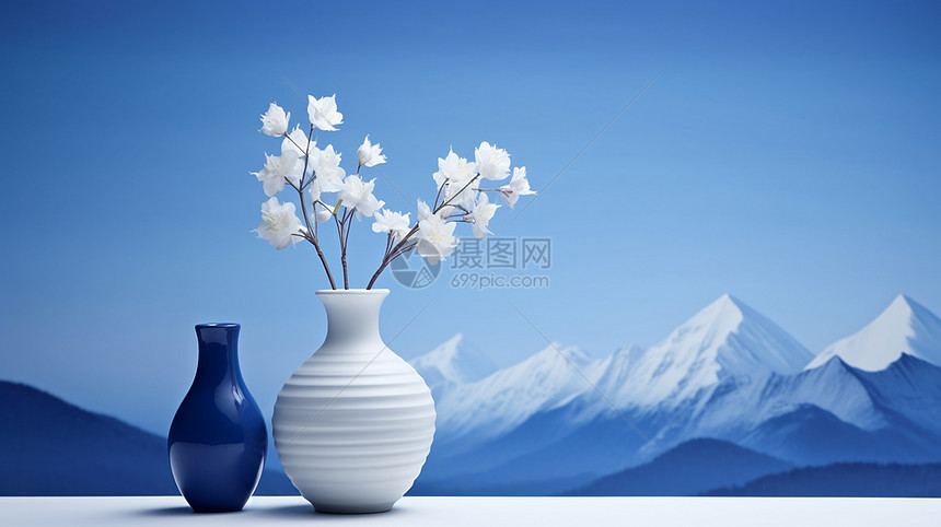 优雅大气的古风花瓶中插着白色花束与远处的雪山图片