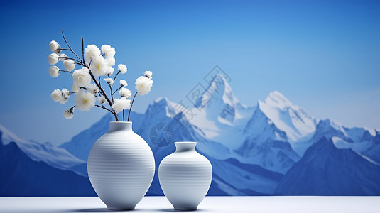 两个白色小花瓶与雪山高清图片
