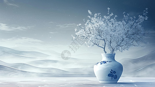 冬天蓝色调古风大气的花瓶插花图片