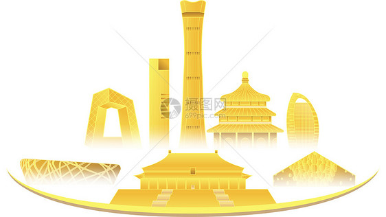 北京CBD国贸城市建筑群地标天际线矢量插画金色图片