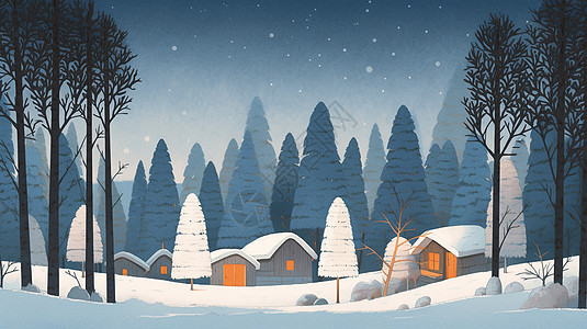 唯美的冬天森林中几座卡通小房子背景图片
