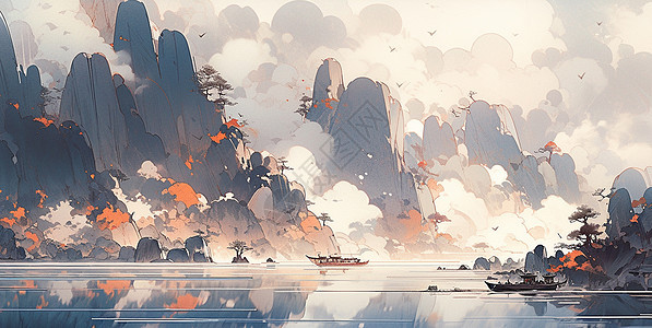高高的山川间云雾缭绕湖面上几艘小船唯美中国画图片