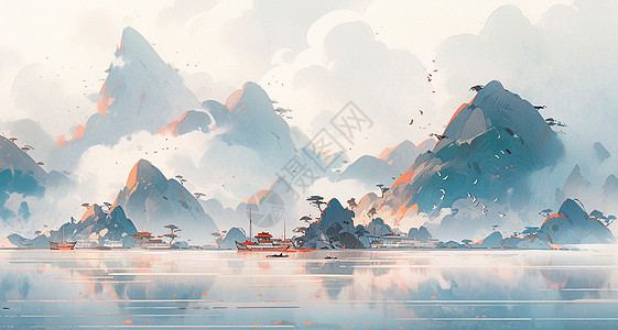 傍晚安静的湖面上停着几艘小船唯美中国画图片