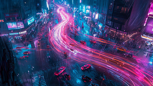 夜晚城市雨中繁忙的卡通公路夜景图片