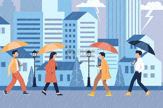 雨水节气下雨城市街道行人图片
