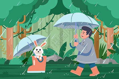 雨水节气森林儿童和小动物图片