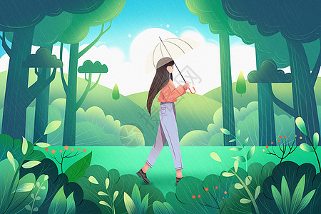 海报素材绿色森林中行走的女孩子雨水节气海报插画插画