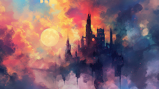 紫色云雾中梦幻炫彩的卡通城堡图片