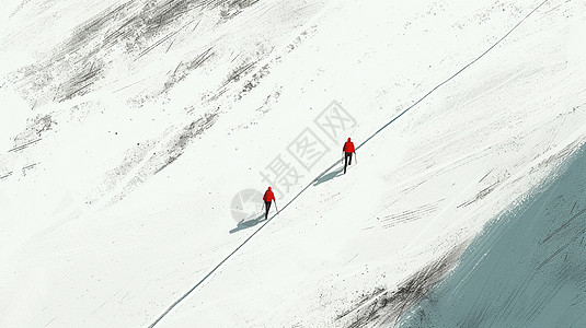 两个穿红色衣服的卡通人物剪影在白白的雪地中徒步图片