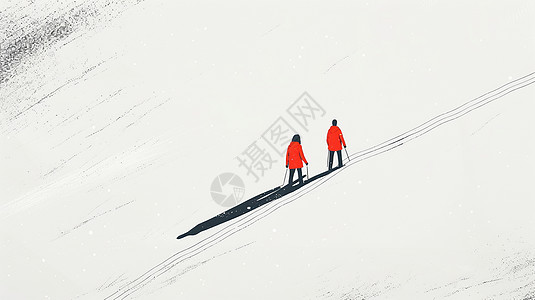 两个在雪地中走路穿红色衣服的卡通人物背影高清图片