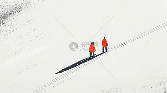 两个在雪地中走路穿红色衣服的卡通人物背影图片