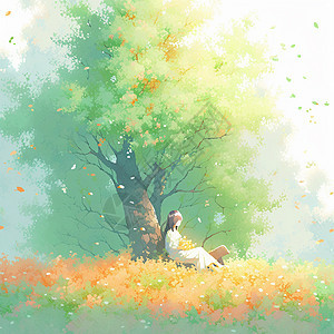 依靠在大树旁手拿花朵的卡通女孩马赛克风插画背景图片