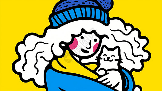 卷长发粗线条卡通女人抱着一只卡通小白猫图片