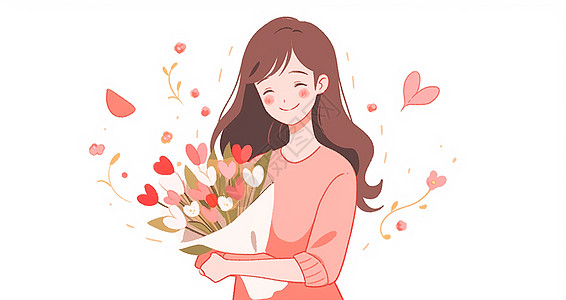 红金背景抱着花束微笑的长发卡通女人插画