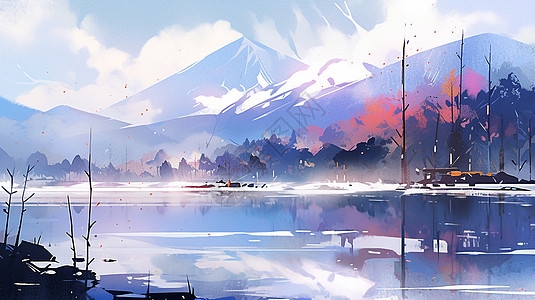 冬天湖泊与山川唯美漂亮的卡通山水画图片