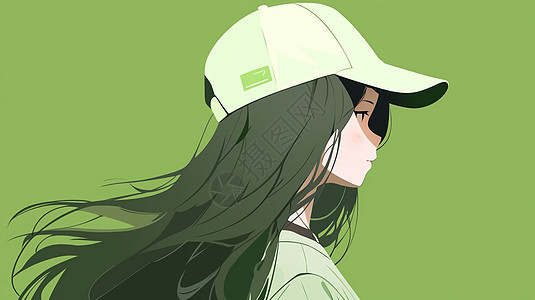 戴着棒球帽的卡通长发女孩侧面背景图片