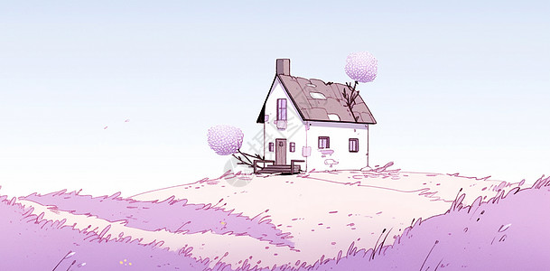 紫色山坡上一个小小的卡通小房子图片