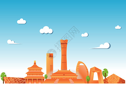 国庆节小报北京CBD国贸城市建筑群地标天际线矢量插画横板插画