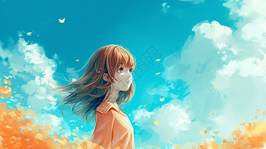 站在蓝天白云下花丛中小清新卡通女孩图片