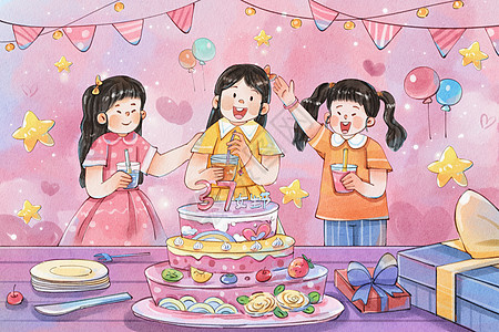 手绘水彩女生节一起庆祝吃蛋糕喝饮料插画图片