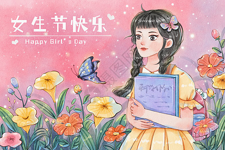 手绘水彩女生节女孩特写与花朵插画背景图片