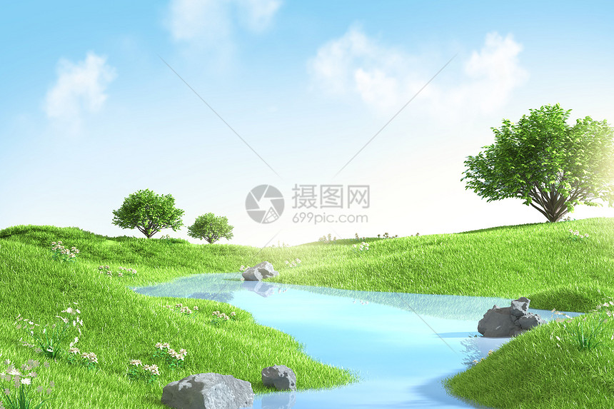 春季草地水面场景图片