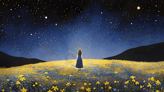 夜晚站在一片开满黄色花朵的山坡上一个卡通女孩背影图片