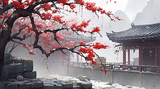 中国风红古风院落中一株开满红梅花的树唯美卡通风景画插画