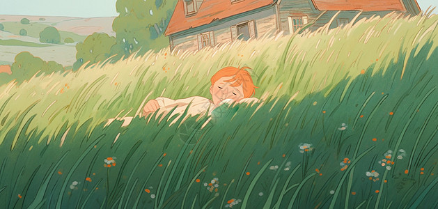 躺在绿草中睡觉的可爱卡通小男孩图片
