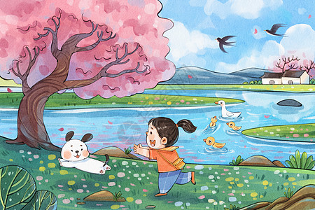樱花手绘手绘水彩三月你好追着狗狗的女孩可爱治愈系插画插画