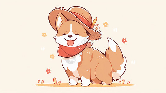 围着红围巾戴着草帽开心笑的可爱卡通小狗图片