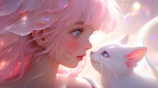 粉色长发卡通女孩与白猫互相对视图片