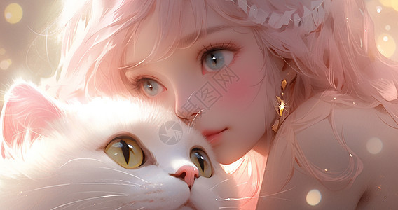 与毛茸茸可爱的卡通白猫依偎在一起的粉色头发卡通女孩图片
