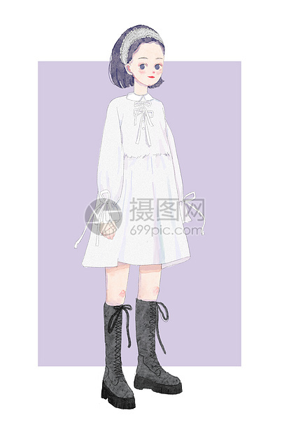 少女白色衬衫裙穿搭插画图片