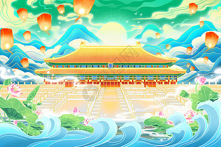 国潮风北京古建筑故宫太和殿孔明灯山水荷塘背景图片