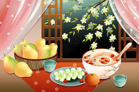 春季美食二十四节气惊蛰梨子羹梨花酥美食插画插画