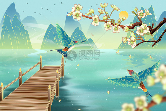 二十四节气春分山水国潮手绘梨花燕子桥码头图片
