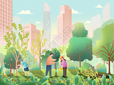 植树节植树人物种树树林城市树林手绘插画图片