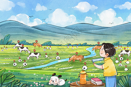 牛手绘手绘水彩之新农村牛羊群定位插画插画