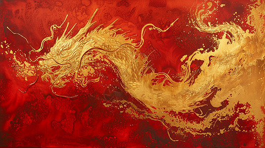 喜庆红色背景水墨风抽象金色龙插画图片