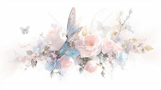 粉色玫瑰与美丽的卡通蝴蝶图片