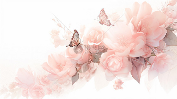 粉色玫瑰与美丽的卡通蝴蝶图片