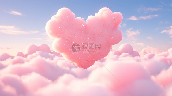 漂浮在云朵上空的粉红色可爱的卡通爱心图片